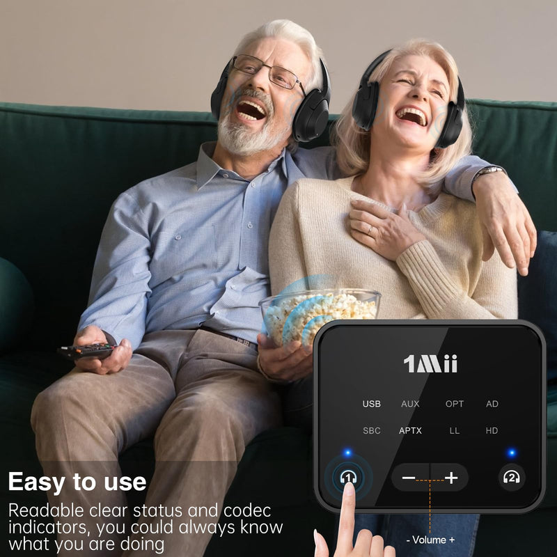 [AUSTRALIA] - [Upgraded] 1Mii Bluetooth 5.3 Transmitter for TV to 2 Wireless Headphones/Speakers, 100ft Long Range Bluetooth Adapter for TV w/Volume Control, Optical/USB/AUX/RCA Audio Inputs, aptX Adaptive & HD 