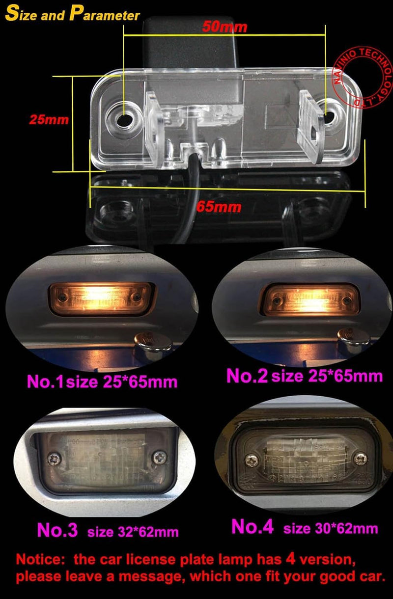 HD Rear View Backup Camera Night Vision License Plate Reversing Camera Replacement for Mercedes-Benz C/CLS Klasse C219 W219/T-model S203/W203/W211/S211 Kombi Limousine(No.1) No.1=size 25*65mm Down Round Edge