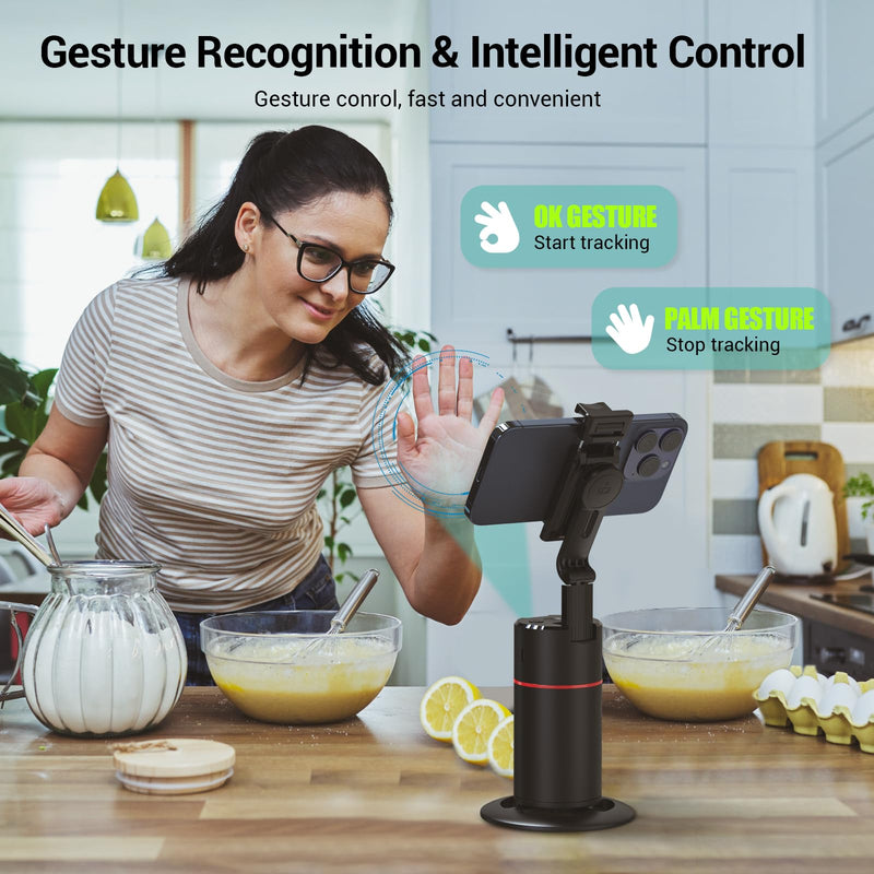 Auto Face Tracking Tripod 360° Rotating Auto Tracking Phone Holder, No App, Phone Camera Stand with Remote and Gesture Control, Smart Shooting Stand for Vlog/TIK Tok Live Video Recording Black