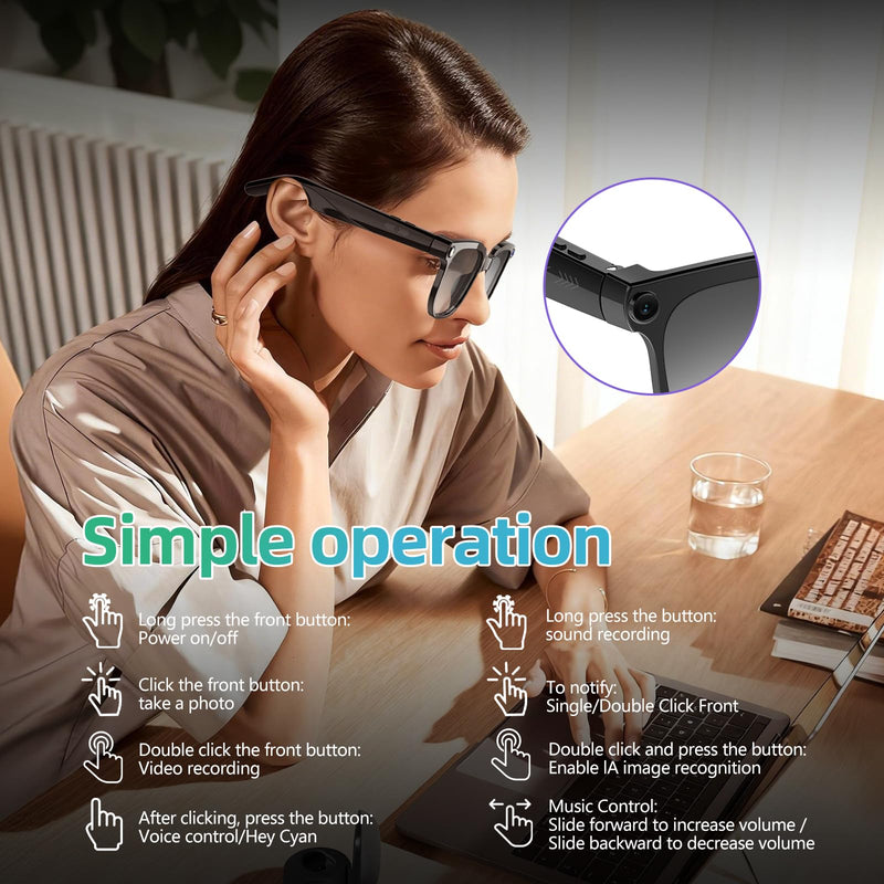 AI Smart Glasses with Camera,8MP HD Bluetooth Camera Glasses with ENC Noise Reduction,Replaceable Lenses,Voice Control,Music Playback,for Travel,Outdoor&Business