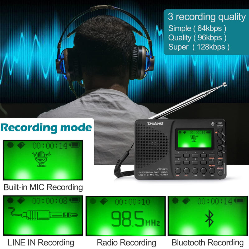 [AUSTRALIA] - ZHIWHIS Portable Bluetooth Radio, FM AM Shortwave Radios with Sleep Timer and Preset Function, Rechargeable Digital Recorder, Stereo MP3 Player with Lyric Display, Support Micro SD Card and AUX ZWS-603 (green backlight) 