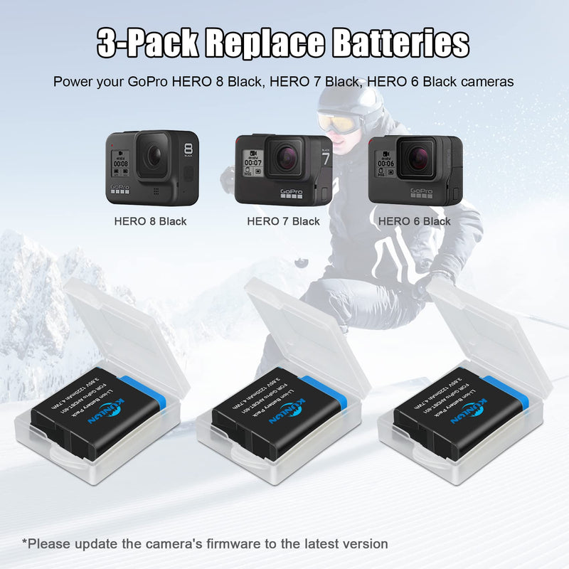 KUNLUN 3-Pack Hero 8 Batteries and Charger Set, Compatible for GoPro Hero 8/7/6 Black, Fits for GoPro Hero 8 Black, Hero 7 Black, Hero 6 Black Camera (Fully Compatible for Original)