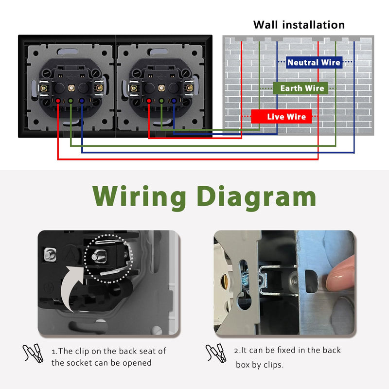 [AUSTRALIA] - BSEED 2-Way Socket with Waterproof Cover, Schuko Socket with Plug-In Terminal, Flush-Mounted Socket with Crystal Glass Plate, Double Socket, Built-in Socket, 16 Amp, Wall Socket, 157 mm, Black 2 compartments with waterproof cover 