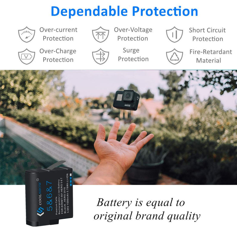 COOLSHOW Hero 7 6 5 Battery Replacement (2 Packs) and Triple HERO 7 Charger Compatible with GoPro Hero 7 Black,Hero 6 Black, Hero 5 Black, Hero 2018 and Charger Compatible with Hero 8 2xBatteries+1xCharger