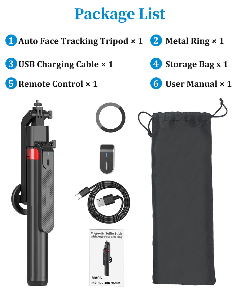 PlusAcc Auto Face Tracking Tripod for iPhone with Rechargeable Remote, 72" | Selfie Stick Mount for MagSafe, 360°Rotation Extendable Travel Stand, Compatible with iPhone, Camera, Video Recording 72"