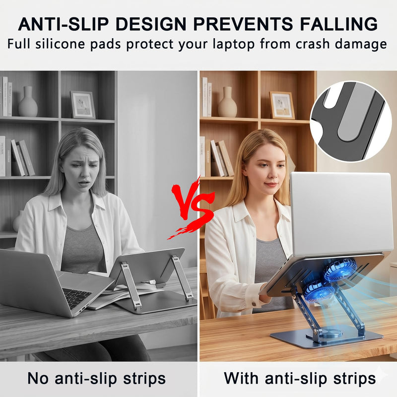 Laptop Stand with Cooling Fan, 360° Rotating Base Aluminum Laptop Riser, Foldable Ergonomic Computer Stand for Desk, Height Adjustable Notebook & All Laptops Up to 17.3" (Black) Black