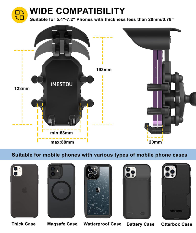 iMESTOU Anti-Vibration Motorcycle Phone Mount, Shock Damping Bike Cellphone Holder with 1" Ball Mount Base 720° Rotatable Fits for 12-32mm Handlebars, Widely Compatible with 5.4"-7.0" Smartphones