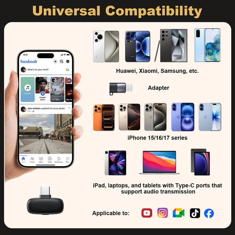 [AUSTRALIA] - Wireless Lavalier Mini Microphone for iPhone ipad Android, 30H Long Battery Life, 100FT Wireless Range, Noise Cancellation, Plug & Play for Vlogging, Video Recording, Podcast, YouTube, TikTok J01 