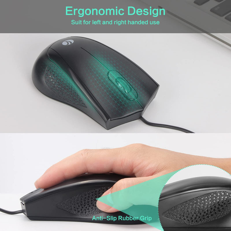 VCOM Wired USB Mouse with 6-Foot Cord & 1200 DPI, Right or Left Hand Use for Work Study Home, 3-Button Ergonomic Optical Mouse Compatible with PC Laptops Desktop Computer Windows Vista Linux, Black 1-Pack