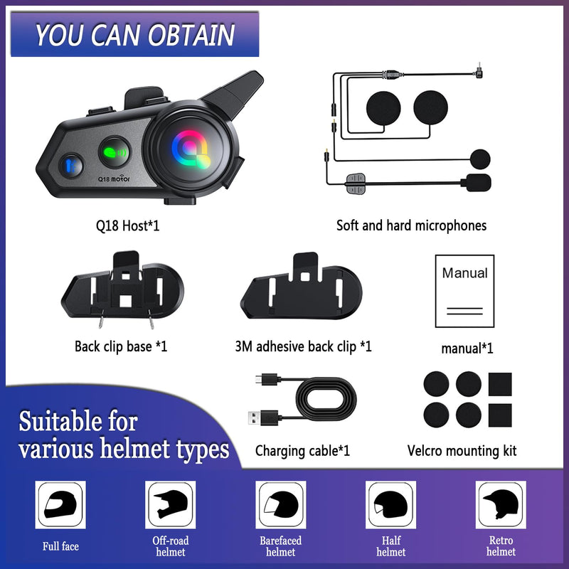 Q18 Motorcycle Bluetooth Intercom 1000m 2 Riders, 1 Pack | 2 Riders 1000m Motorcycle Intercom, Music Sharing, HiFi Stereo Sound, CVC Noise Reduction, Automatic Response Q18-1Pack