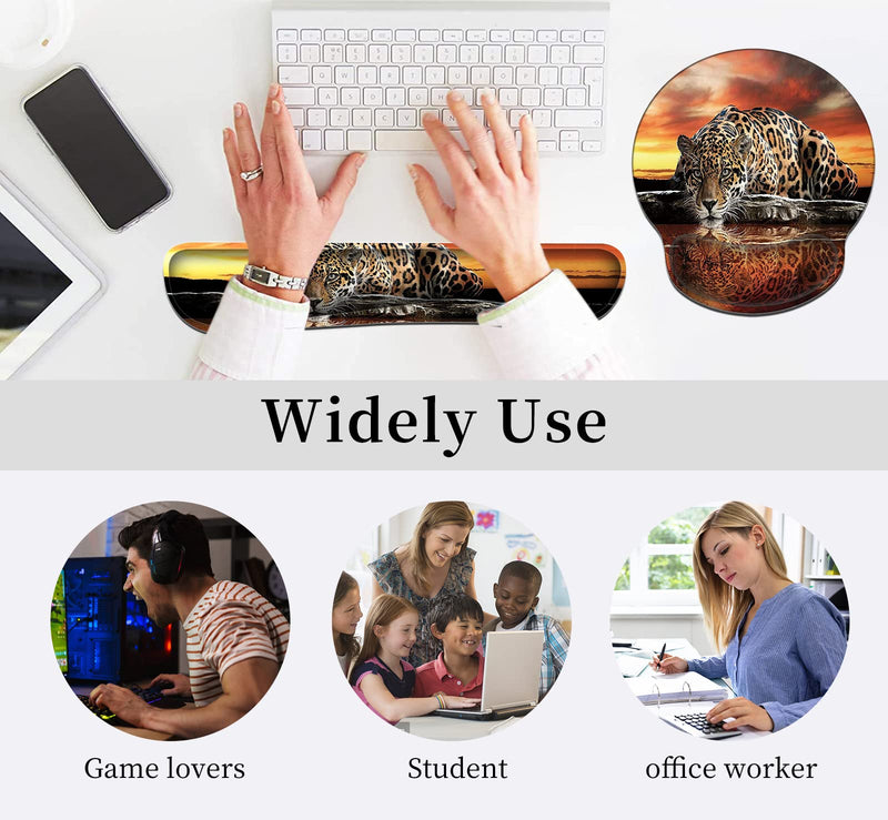 Ergonomic Mouse Pad Wrist Support & Keyboard Wrist Rest Set (with Coaster), Memory Foam Gel Keyboard Moue Pads Combo for Easy Typing Pain Relief Computer Laptop Office-Leopard Drinking Leopard Drinking