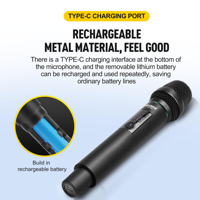 [AUSTRALIA] - D Debra Wireless Microphone UHF Cordless Handheld Dynamic with Rechargeable Receiver and 30 Adjustable Frequency for Karaoke Singing, Wedding, DJ, Party, Speech, Church, Class Use, 200ft (PU-12H-02) PU-12H-02 