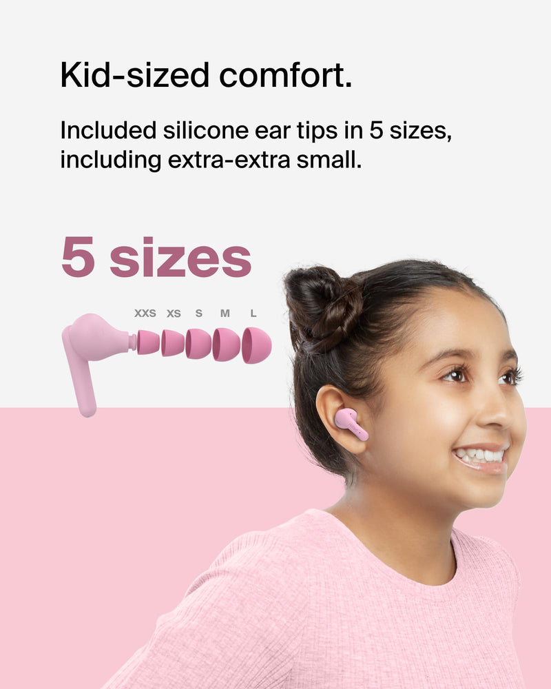 Belkin SoundForm Nano 2 Kids True Wireless Earbuds | In-ear Bluetooth earbuds for kids ages 7+, 85dB volume limiter, IPX5, ENC, touch controls, school, travel Pink