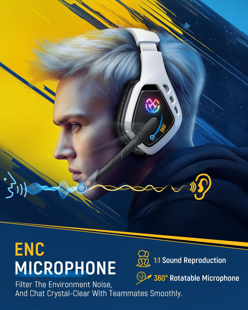Tatybo Wireless Gaming Headset for PC, Ps5, Ps4, 2.4 Ghz USB & Type-C Gaming Headphones with Microphone, 30H Battery Bluetooth Headphones for Switch, Laptop, Mobile, Mac White Black