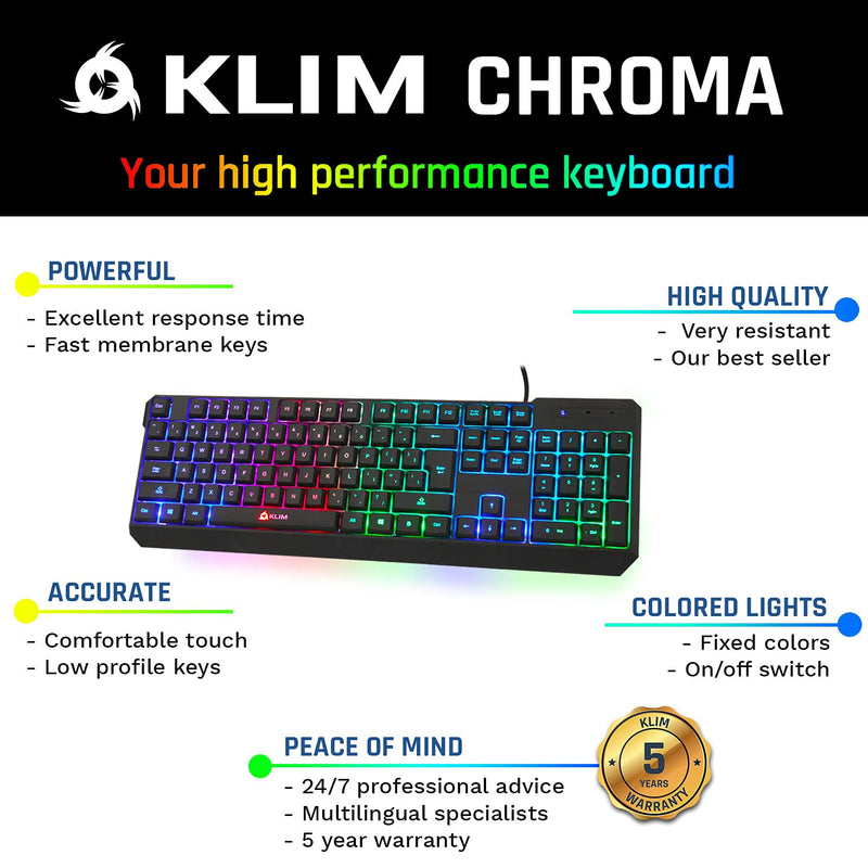 KLIM Chroma Gaming Keyboard Wired USB + New 2022 Version + Durable, Ergonomic, Waterproof, Silent Keyboard + 2 ms Response Time + Backlit Keyboard for PC Mac PS4 PS5 Keyboard + Black