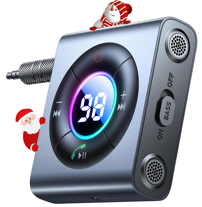 JOYROOM AUX Bluetooth 5.4 Car Adapter [Dual Mics& HiFi Deep Bass Sound] [Noise Cancelling& Battery Life Display] Bluetooth Receiver for Music/Hands-Free Calling, 26H Battery Life, 2024 Upgrade, Metal Dark Gray