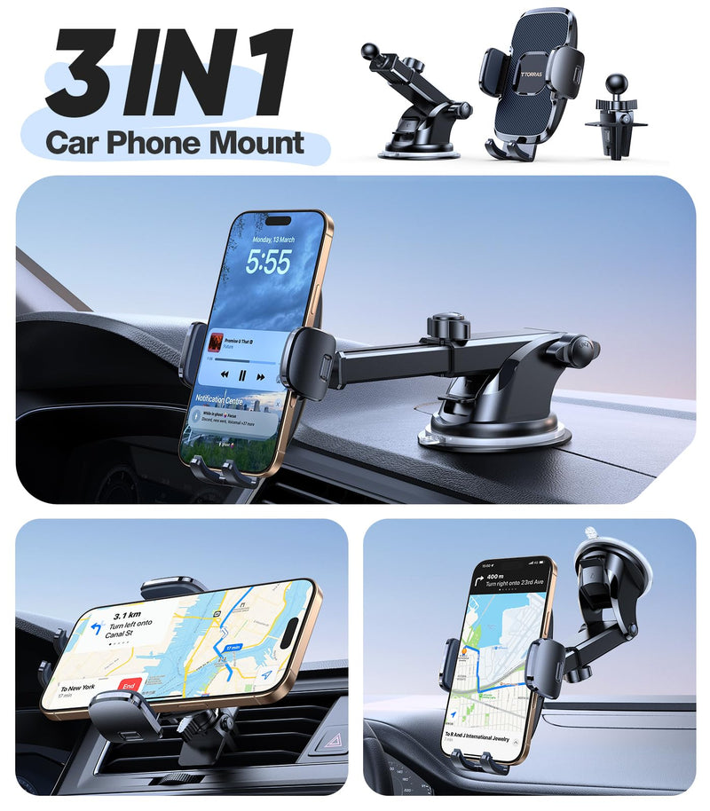 TORRAS 96+LBS Strongest Suction Ultra-Durable Cell Car Phone Holder Mount | Patent & Safety Certs, Fits Large Phones & Thick Cases, Extra Sticky Grip, Airbag Clamp, Temp-Resistant, All Road Conditions Navy Blue