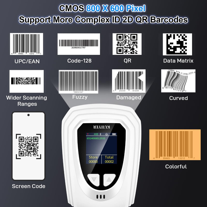 [AUSTRALIA] - KUIIYER 1D QR 2D Barcode Scanner, Bluetooth Wireless Bar Code Scanners with Setting Keypad & LCD Screen Display & AI Voice, Handheld Barcode Reader for iPhone, Android, iPad, Tablet, Computers & POS Bluetooth Barcode Scanner 