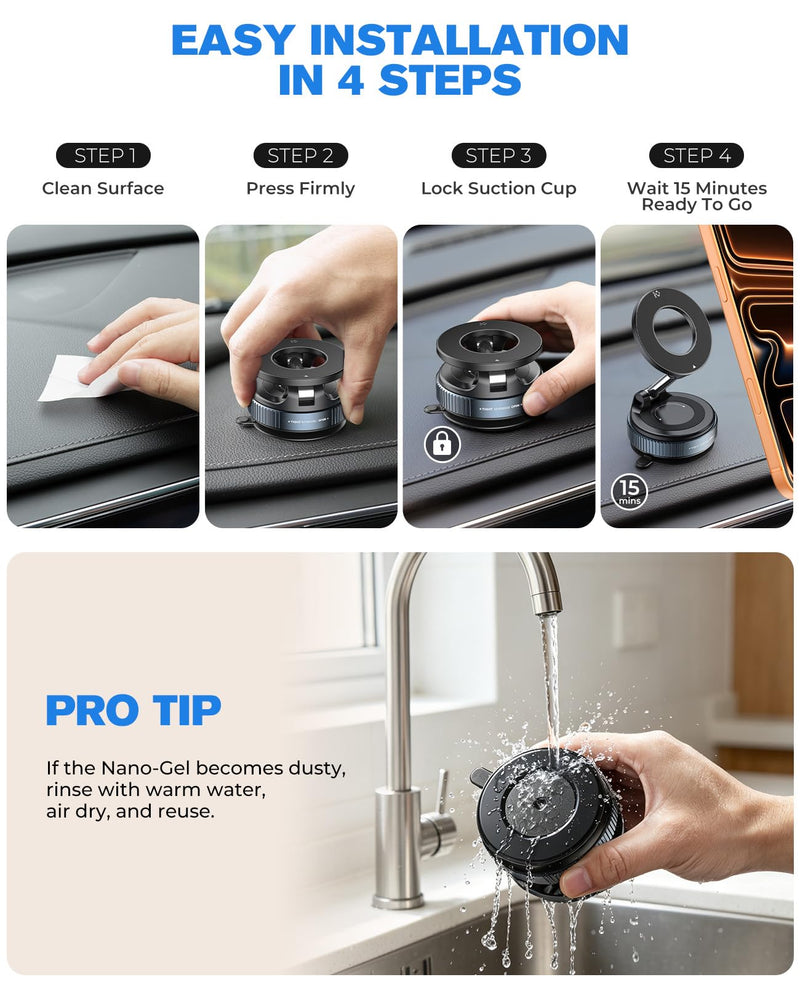 Jononser Magnetic Car Phone Holder for MagSafe, Nano-Gel Suction Cup Car Phone Mount for Car Dashboard & Windshield, Pocket-Size Foldable 360° Adjustable Car Mount for iPhone 17 16 15 14 13 12 Series Black Nano-Gel Grip