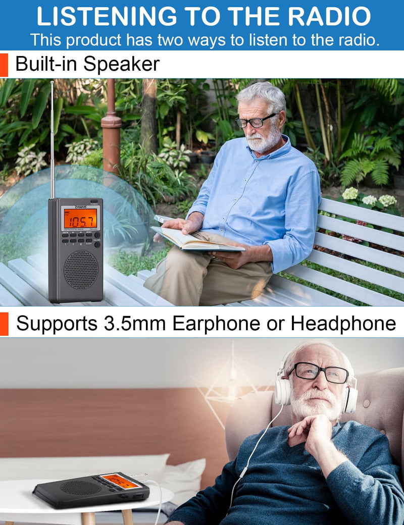 ZHIWHIS Portable Radio, AM FM Stereo Receiver, DSP Small Pocket Radios Operated by AA Batteries, Digital Clock/Presets/Start Timer/Sleep Timer for Walking/Running ZWS-903