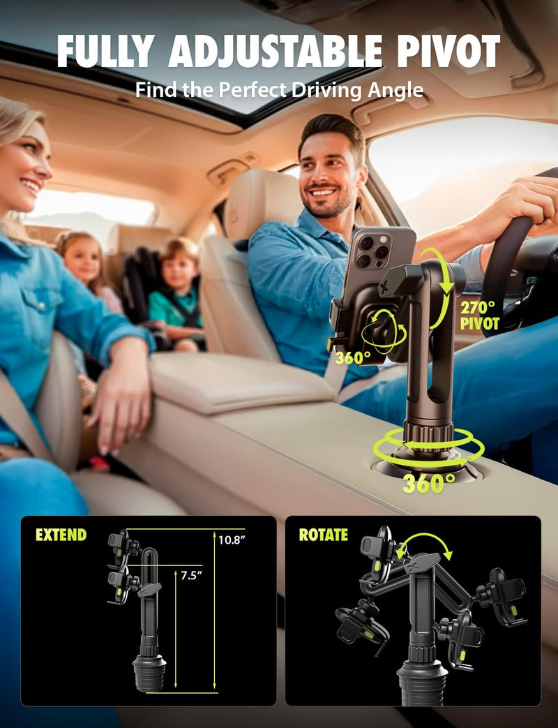 Bracketron OneClick Cup Phone Holder for Car, 360° Rotation Expandable Base | OneClick car phone mount with twist-to-expand base, folding support legs, and secure hold for smartphones up to 4.2 inches