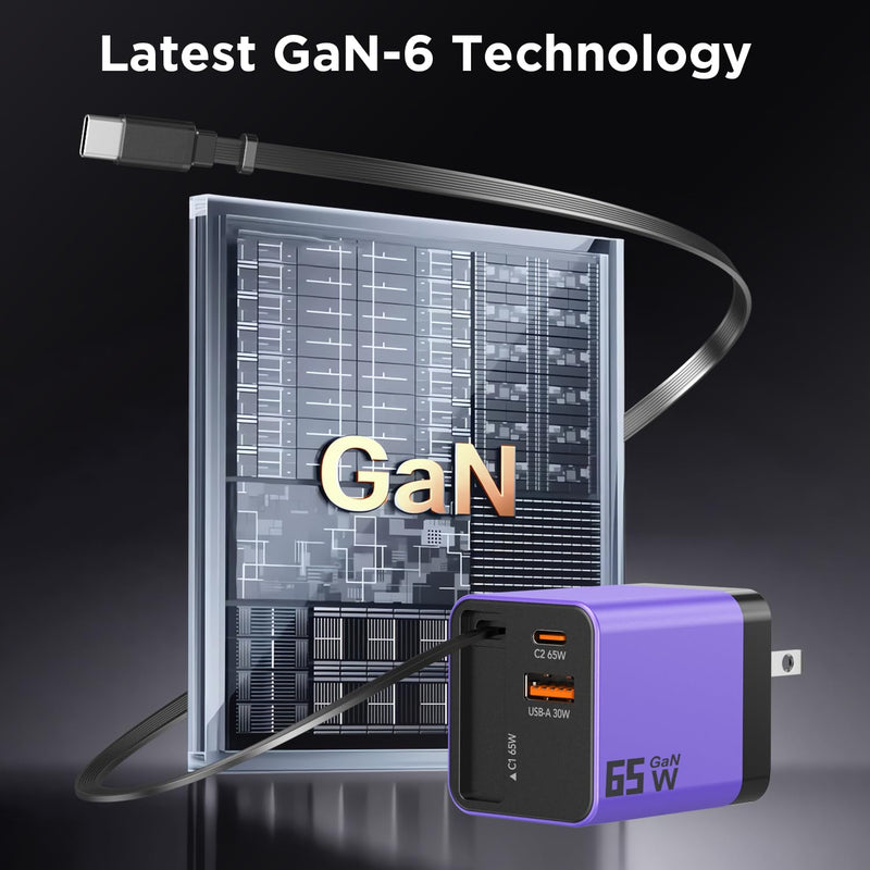 65W GaN USB C Charger 3-Port with Retractable 0.7m Cable(Purple) | Fast charging plug compatible with MacBook Pro/Air, iPhone 17/16/15, iPad, Galaxy S25/S24, Steam Deck and more devices Purple