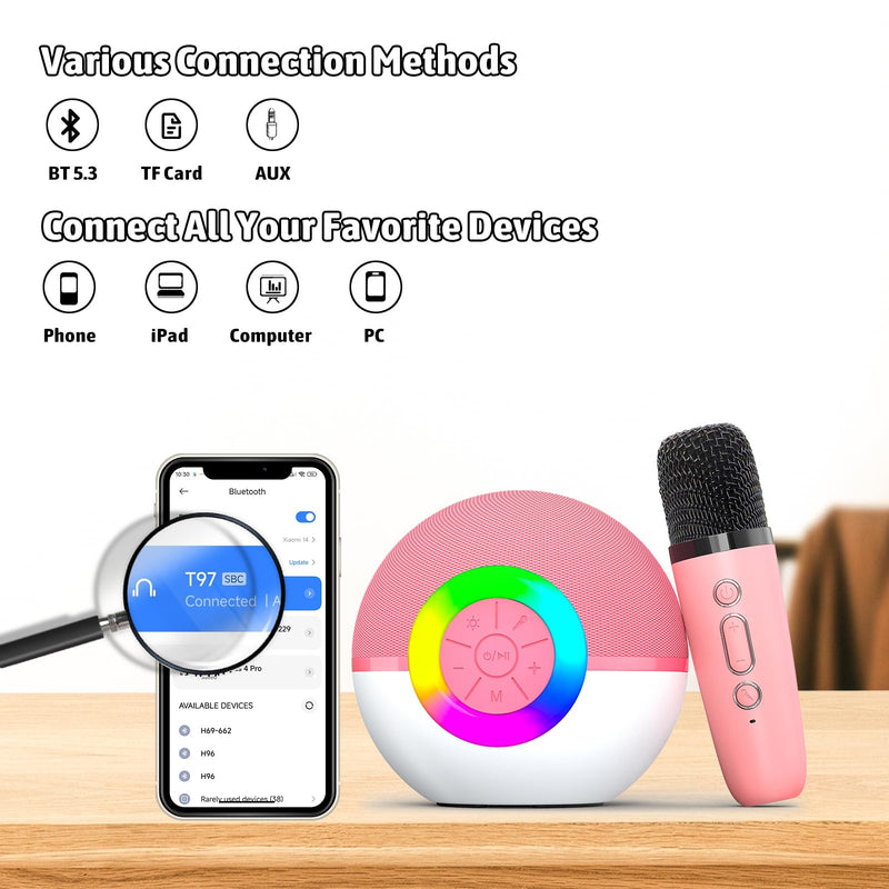Karaoke Microphone Machine Toys for Kids Adults, Mini Portable Bluetooth Speaker with 2 Wireless Mics, Christmas Birthday Gifts for Boys Girls Ages 3 4 5 6 7 8 9 10 11 12+Year Old Pink Pink-2 Mics