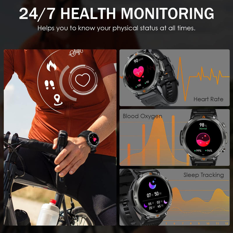 Military Smart Watch for Men with LED Flashlight 1.45" HD 3ATM Waterproof | Rugged Smart Watch with 100+ Sports Modes Fitness Tracker with Heart Rate/Sleep Monitor Tactical Smartwatch for iOS Android Orange