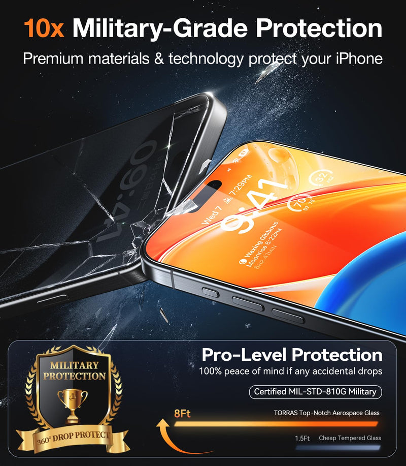 TORRAS Top-Notch Diamond Shield for iPhone 15 Pro Max Screen Protector [ 9H+ Military-Grade Protection] Unbreakable Shatterproof Tempered Glass for iPhone 15 ProMax Full Coverage Screen Protector, iPhone 15 Pro Max（6.7 inch）