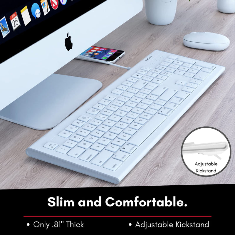 Macally Full Size USB Wired Keyboard for Mac and PC - Plug & Play Wired Computer Keyboard - Compatible Apple Keyboard with 15 Shortcut Keys for Easy Controls & Navigation - White Wired USB