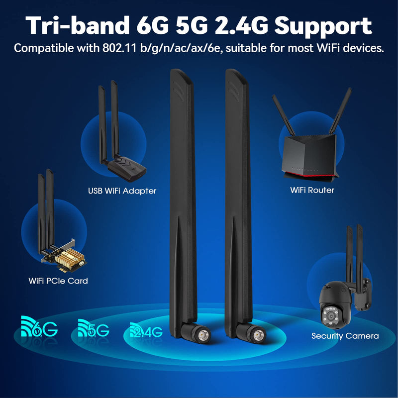 Eightwood Tri-Band WiFi 6E Antenna with RP-SMA Male Connector (2-Pack) | for Gaming PC PCIe WiFi Card, Wireless Router, Security IP Camera, 6GHz 5GHz 2.4GHz