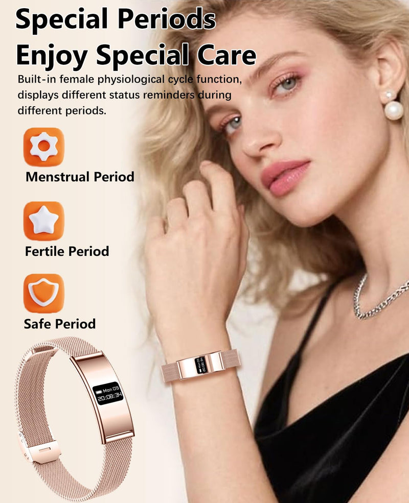 Ultrathin 5mm Smart Bracelet for Men Women Fitness Tracker with Heart Rate Blood Oxygen Sleep Monitor Multi Sport Modes Smart Watch Compatible with iOS Android (Rose Gold Mesh Belt B8) Rose Gold Mesh Belt B8