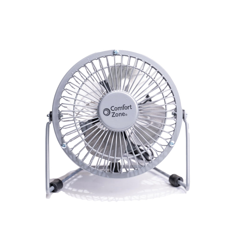 Comfort Zone Mini Portable Desk Fan with 360-Degree Adjustable Tilt, Dual Powered (USB or Power Cord), 4 inch, All-Metal Construction, Airflow 3.31 ft/sec, Ideal for Home, Bedroom & Office, CZHV4S Silver
