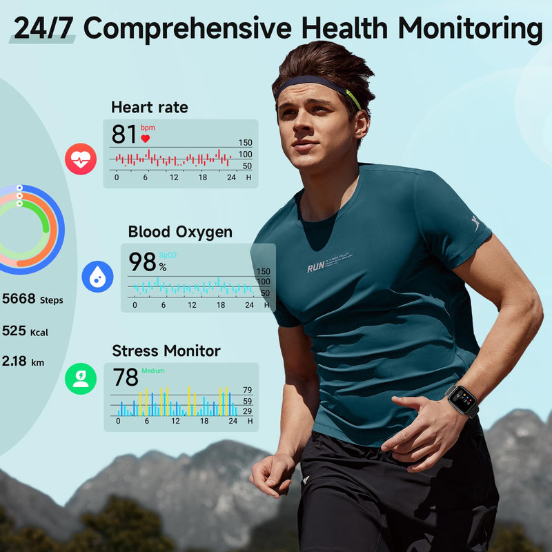 Smart Watch for Men Women, 1.8" Fitness Tracker for Android & iPhone, Answer/Make Calls, Alexa Built-in, Heart Rate/Sleep/SpO2 Monitor Smartwatch, 3ATM Waterproof Watches, 101+ Sport Modes, 2 Bands Matte Black 1.8 inches
