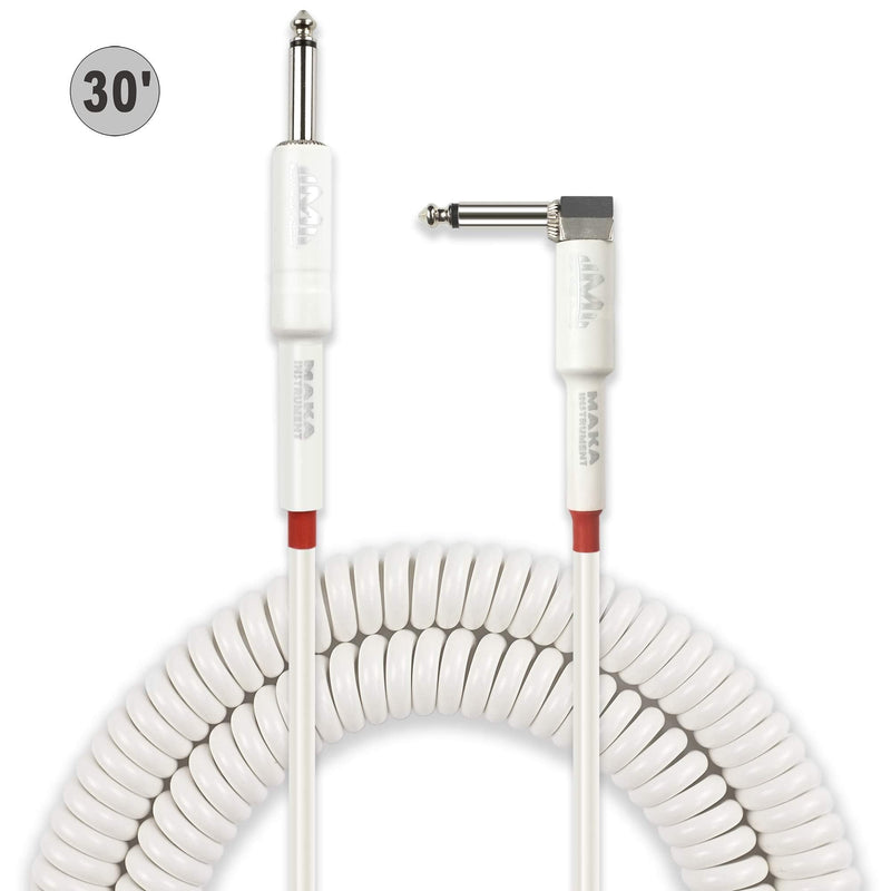 Premium Guitar Coil Cable 30 Feet, Instrument Coiled Curly Cord for Guitar Bass, 1/4 inch Right Angle to Straight, White 30' (White)