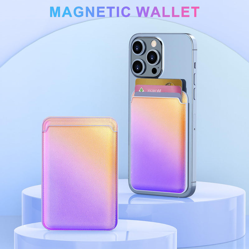 Magnetic Cell Phone Card Holder, Latest Rainbow Mag-Safe Card Wallet, RFID Blocking Phone Wallet for Women, Cell Phone Card Sleeves for Back of iPhone 15/14/13/12, Rainbow Purple