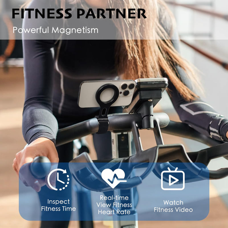 Magnetic Phone Holder for Stroller Bar, Gym Fitness Phone Mount for MagSafe, (Strong Magnet) - 180° Adjustable for Gym, Peloton Exercise Bikes, with Adjustable Strap (Magnetic Ring Included) Black