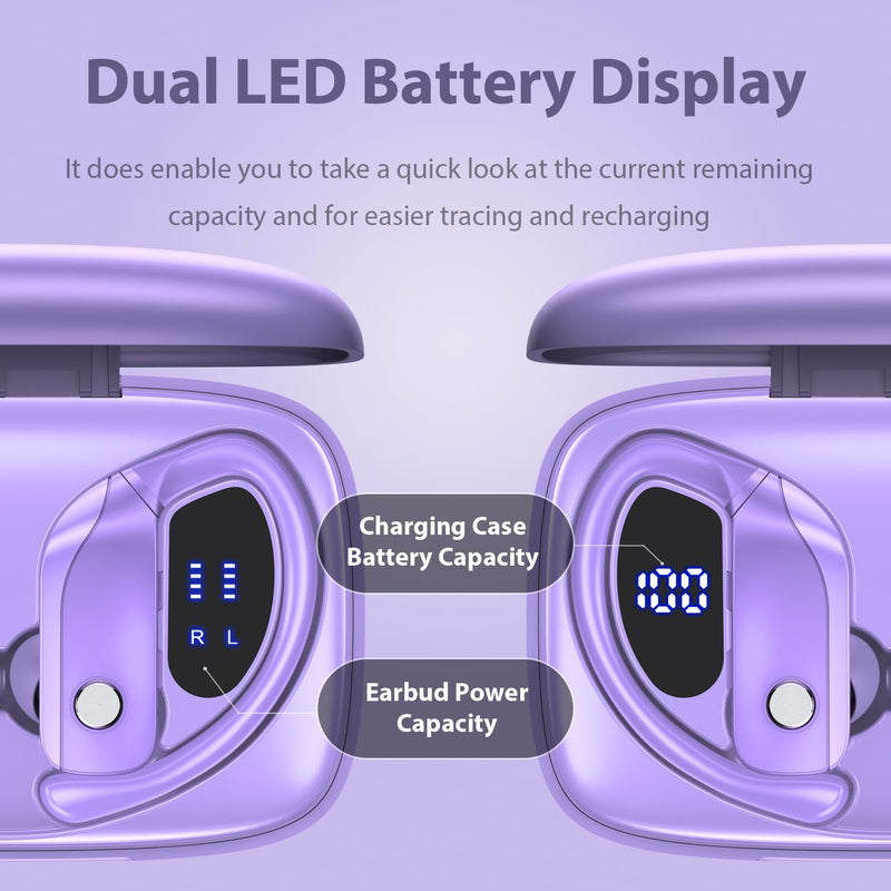 bmani 2 Sets Wireless Earbuds Bluetooth Headphones 48hrs Play Back Sport Earphones with LED Display Over-Ear Buds with Earhooks Built-in Mic Headset for Workout Green+Purple