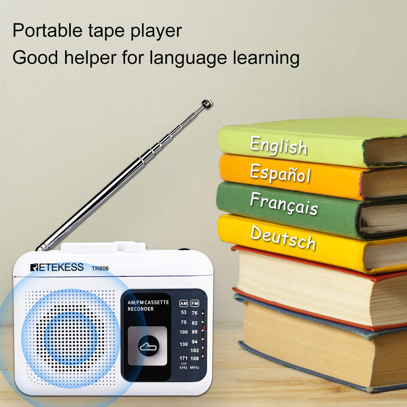 Retekess TR606 Portable Cassette Players Recorders, AM FM Radio Tape Player, Powered by DC or AA Battery with Recorder and AUX Input (White)