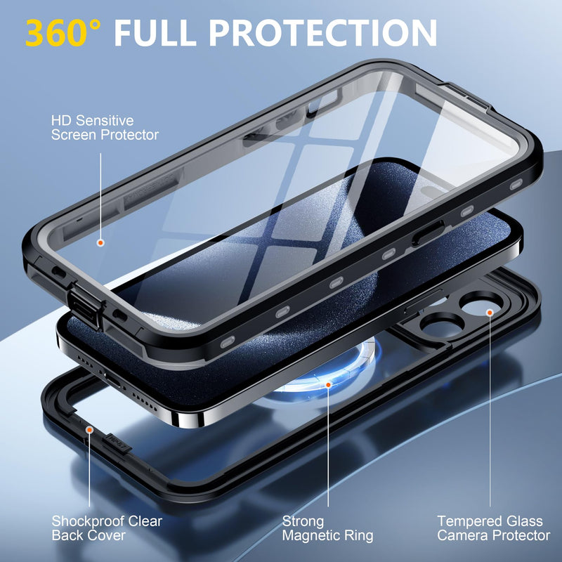 Red2Fire for iPhone 15 Pro Max Case Waterproof, [Built-in Screen Protector & Camera Protector][Compatible with MagSafe][Full Body Shockproof][IP68 Waterproof][Dustproof] Phone Case 6.7" Black/Clear iPhone 15 Pro Max 6.7"