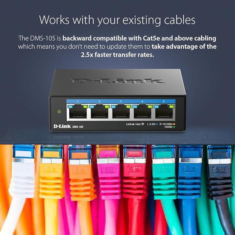 D-Link 5-Port 2.5G Unmanaged Ethernet Switch for Office, Media or Gaming | (DMS-105) Multi-Gig Fanless Sturdy Metal, Desktop/Wall, LED Speed Indicator, QoS, Shielded Ports, Energy Saving, Plug&Play 5 Port Multi-Gig 2.5Gb