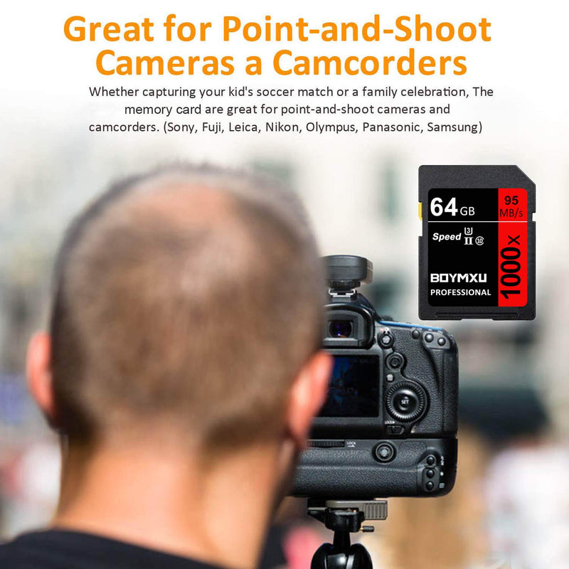 64GB Memory Card, BOYMXU Professional 1000 x Class 10 Card U3 Memory Card Compatible Computer Cameras and Camcorders, Camera Memory Card Up to 95MB/s, Red/Black 64GB RED