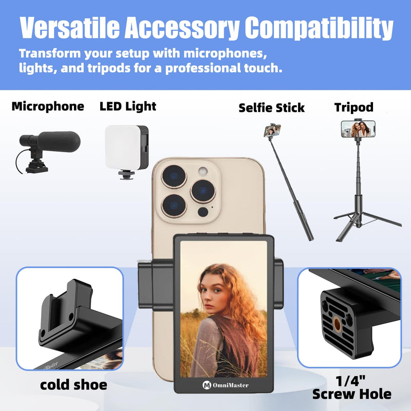 OmniMaster Phone Vlog Selfie Monitor with Touch Screen & Speaker, Magnetic Phone Holder Clip Mount, Using Rear Camera for Selfie Vlog Or Live Stream