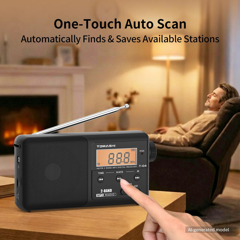 TOMASHI Portable AM FM Radio, USB-C Rechargeable Auto Scan Radio | Large tuning knob, clock display and Micro SD MP3 player. Speaker and headphone jack for home and outdoor use.