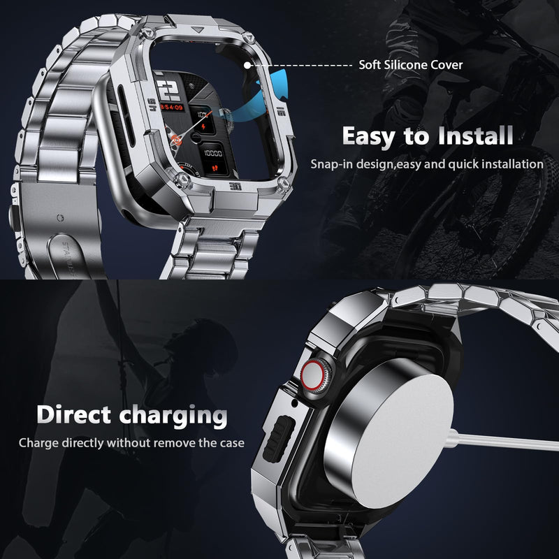 Stainless Steel Band with Case Compatible with Apple Watch Ultra 3 2 1 Band 49mm For Men, Rugged Metal Strap with Protective Bumper Cover for iWatch Series 10 Watch Strap Replacement