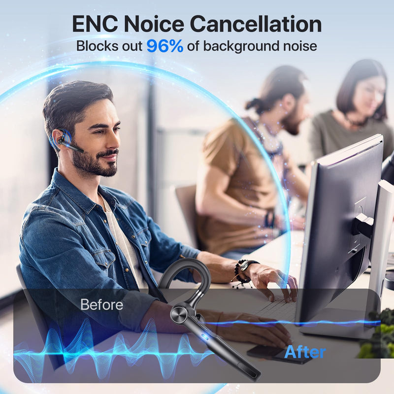 Bluetooth Headset, Wireless Headset with Microphone, V5.2 Bluetooth Earpiece with 400 mAh Display Charging Case 55H Playtime, ENC Noise Cancelling,Hand-Free Headphones for Trucker, Office