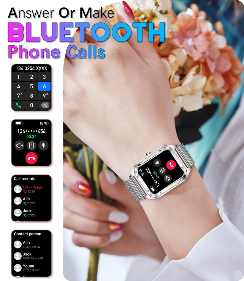 Smart Watch for Women, 1.59'' Full Touch Women's Smartwatch with Female Health Tracking, Fitness Tracker Heart Rate Monitor, Waterproof Sports Smartwatch for Android iOS (Silver Mesh RT-i98)