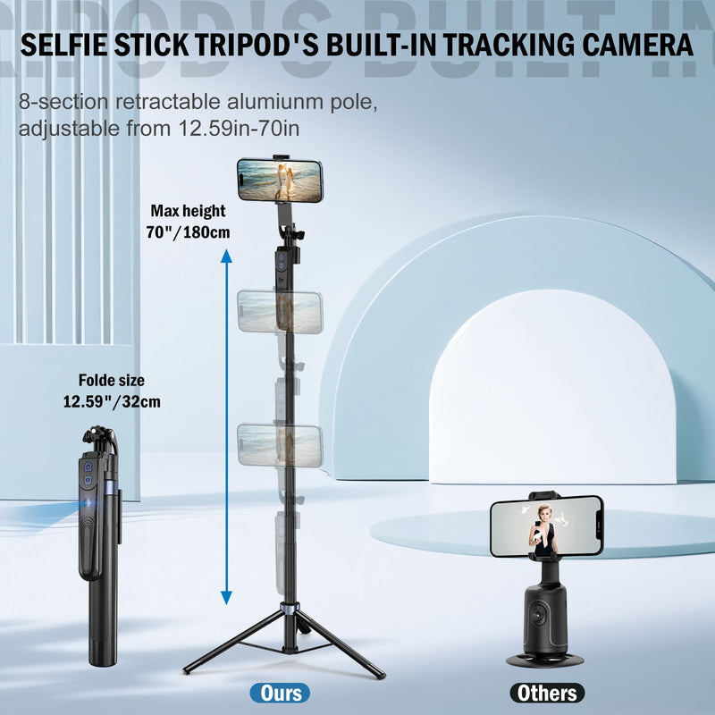 Auto Face Tracking Tripod 360 Rotation with Stand, No App,Phone Camera Holder with Remote and Gesture Control, Built-in Tracking Camera Selfie Stick for Live Vlog Streaming Video Tiktok