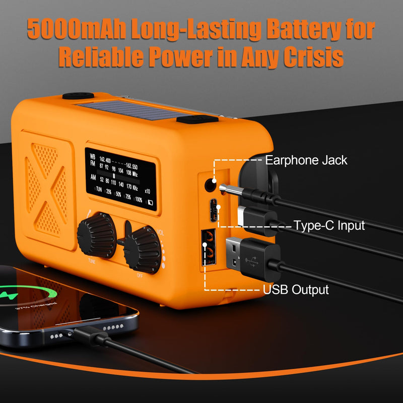 [AUSTRALIA] - Emergency Radio Hand Crank Solar, 5000mAh/18500mWh Emergency Weather Radio, Solar Crank Radios with NOAA/AM/FM, Thermal Blanket, Paracord Bracele, for Outdoor & Home Orange 5000mAh Emergency Kit 