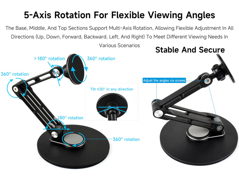 Portable Magnet Monitor Adjustable Stand Magnetic N52 Neodymium, Compatible with 4~18.5inch Monitors, Supports Multi-axis Rotation, Comes with Magnetic Metal Rings, Foldable for Easy Storage